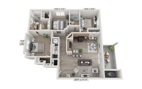 Floor plan for 3 beds, 2 baths, 1171 sqft